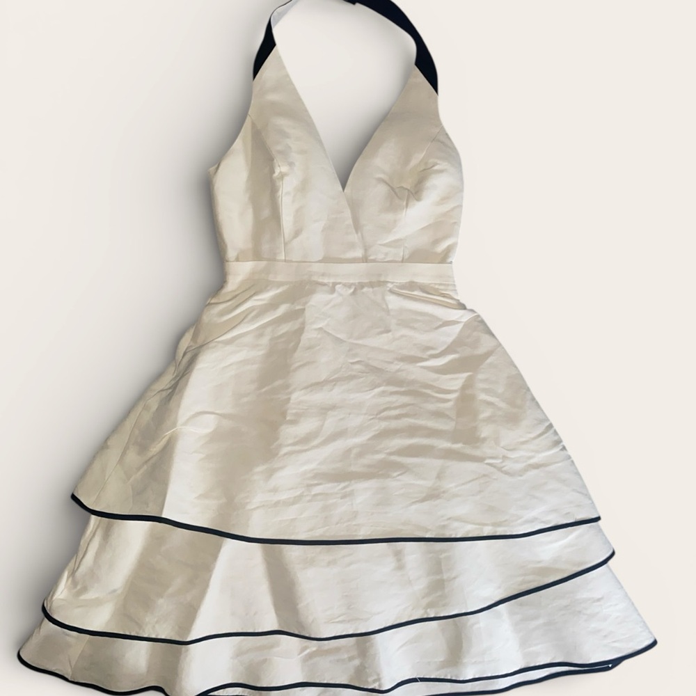 Halston Heritage White Backless Dress with Black Trim